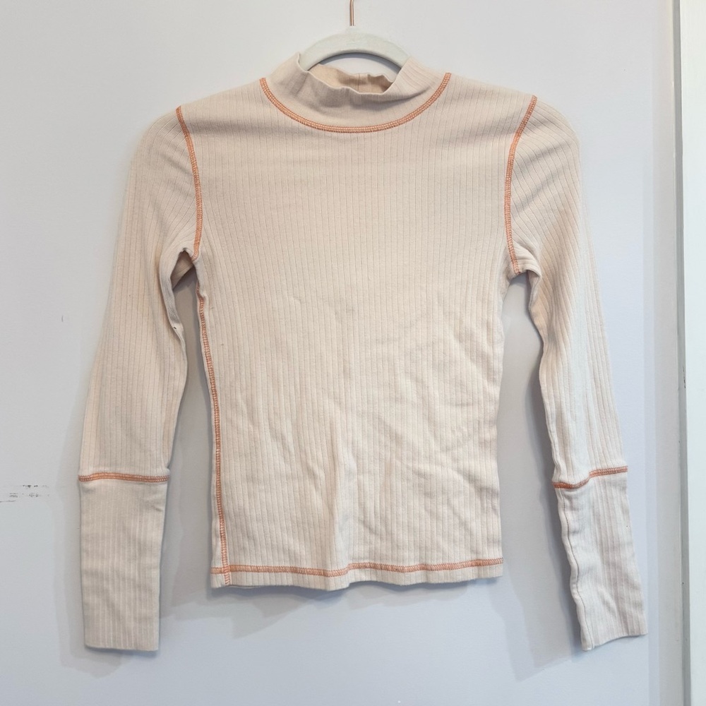 Free People Pink Ribbed Top with Orange Stitching